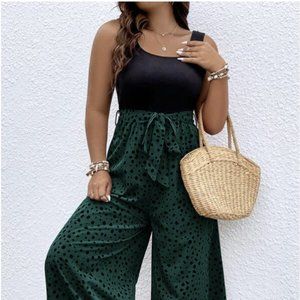 SHEIN VCAY Plus Dalmatian Print Belted Wide Leg Jumpsuit